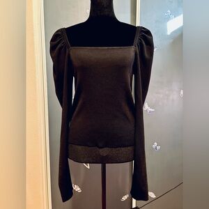 🥈 Express Tight Fit Ribbed Puff Sleeve Large Black Square Neck Shirt Sweatshirt